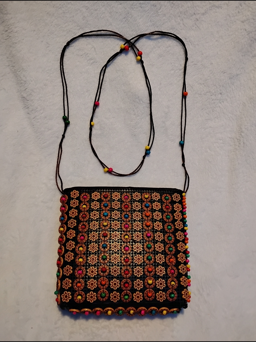 Embroidered Beaded Crossbody Bag - Black with Multicolor Accents